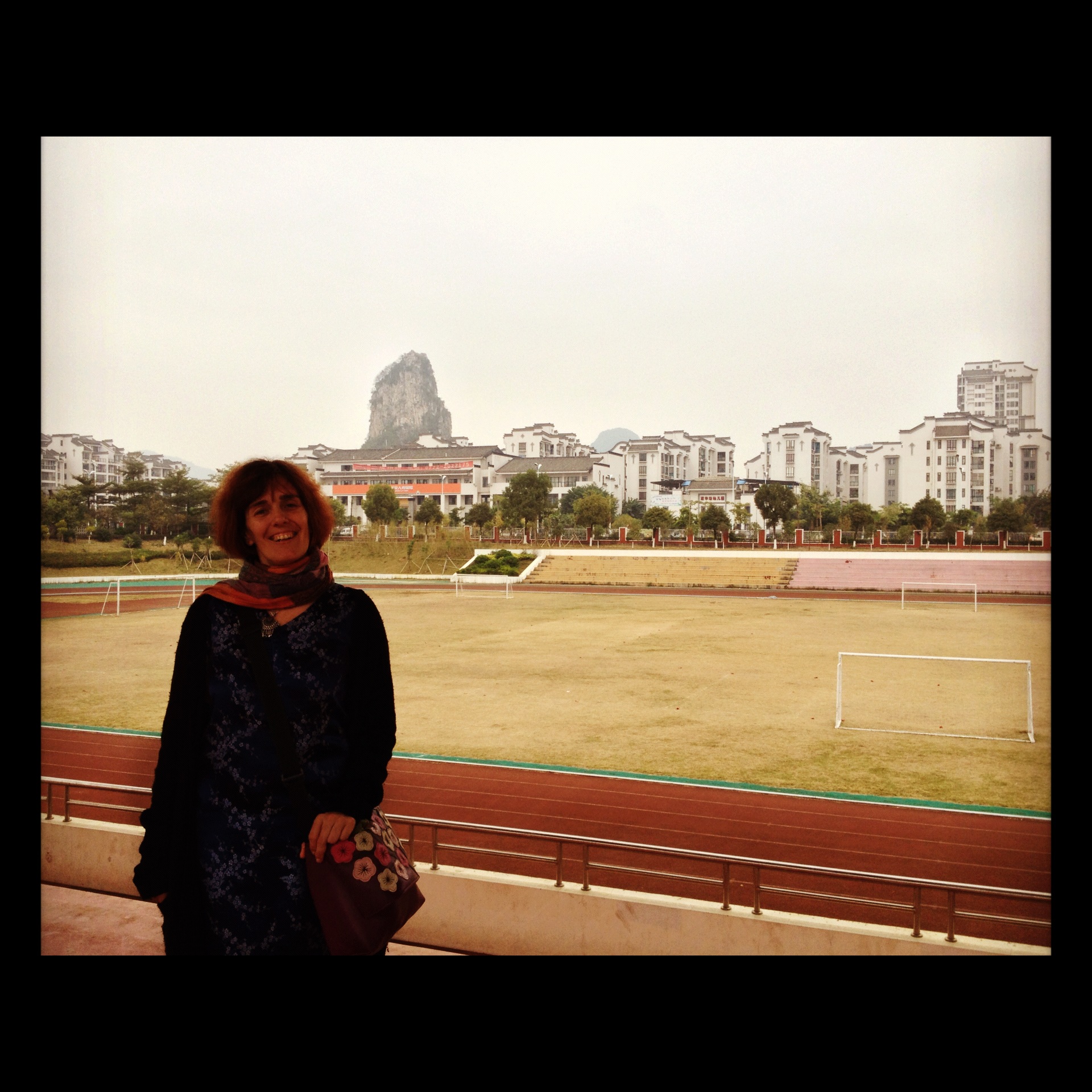 Look at the karst rising behind the sports field!